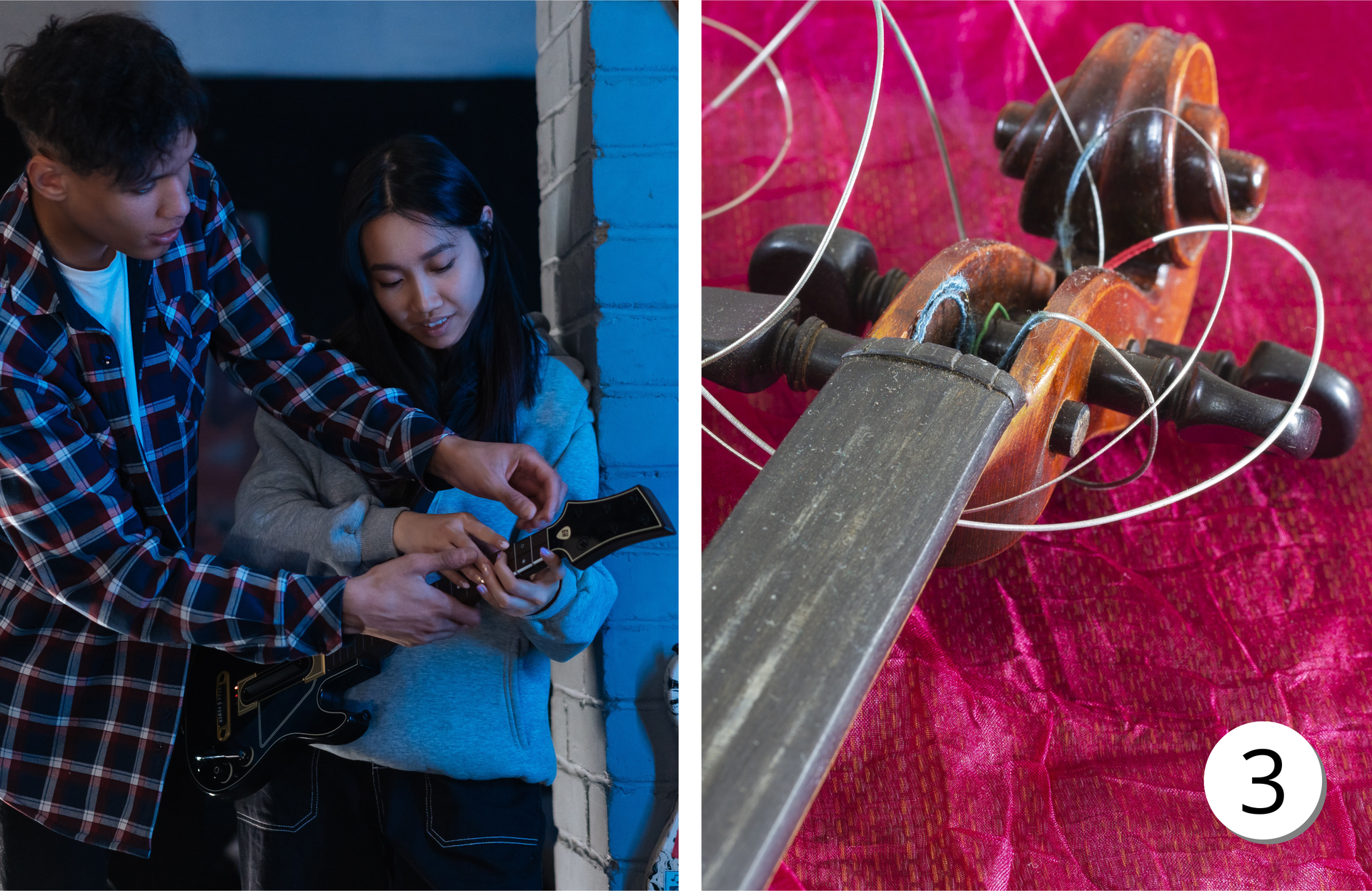 Ilustracja składa się z dwóch zdjęć. Po lewej dziewczyna trzyma gitarę, obok niej znajduje się chłopak. Zdjęcie po prawej przedstawia popękane struny.