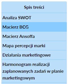 Grafika przedstawia przykładowy widok spisu treści atlasu zawierającego plansze interaktywne. Jest to podłużna plansza podzielona na siedem komórek. Na samej górze, w pierwszej komórce, umieszczony został napis: Spis treści. W poniższych komórkach znajdują się kolejno tytuły umieszczonych w atlasie plansz interaktywnych. Kliknięcie na dowolnie wybraną komórkę spowoduje wyświetlenie obok pożądanej planszy.