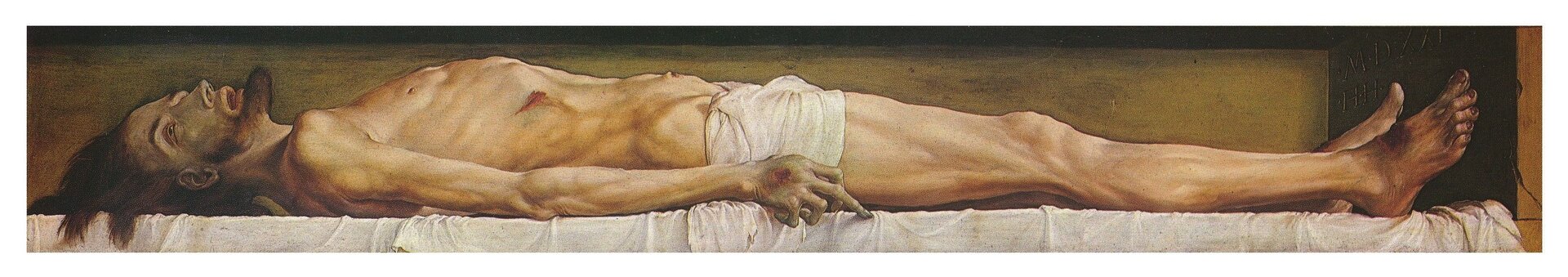Ilustracja przedstawia obraz Hansa Holbeina „Martwy Chrystus”. Na obrazie znajduje się martwy Chrystus. Mężczyzna jest półnagi, w pasie ma jedynie kawałek materiału. Postać leży na białym płótnie. Widoczne są rany na jego dłoniach oraz stopach, z których wypływa krew. Mężczyzna jest bardzo wychudzony, na co wskazują odstające żebra.