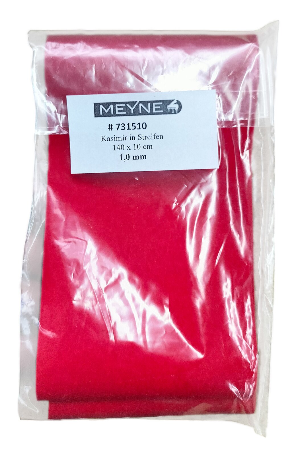 Zdjęcie przedstawia kaszmir stosowany do wyklejania otworów w klawiaturze oraz łożysk w mechanizmie. Widoczny jest płat kaszmiru w kolorze czerwonym, w przeźroczystym foliowym opakowaniu z białą etykietą z czarnymi napisami.