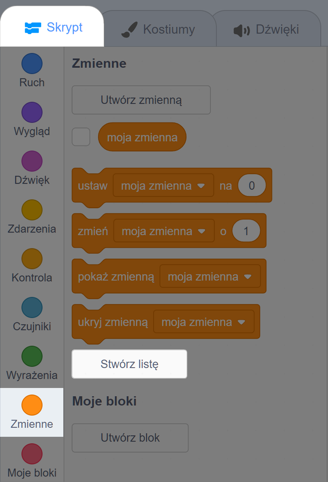 Zrzut ekranu pokazuje przycisk Stwórz listę dostępny w zakładce Zmienne. Na zdjęciu widoczne są trzy zakładki programu: skrypt, kostiumy, dźwięki. Podświetlono trzy opcje: Skrypt, Zmienne i Stwórz listę.