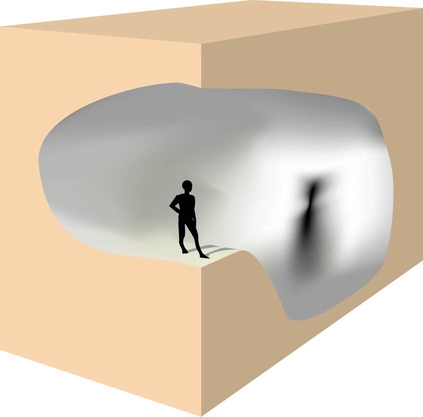 Ilustracja przedstawia sylwetkę człowieka, który znajduje się nad krawędzią w eliptycznej komorze. Sylwetka odbija się niewyraźnie na nierównej ścianie. 