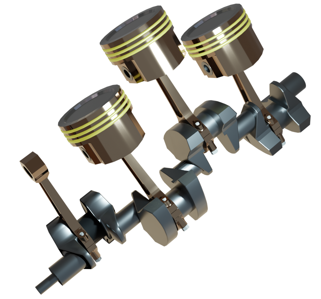 Ilustracja przedstawia układ korbowy silnika rzędowego. Jest to wał korbowy z zamocowanymi do jego czopów korbowodami na których osadzone są tłoki. Wał ma kształt poziomego zygzaka, które zależnie od konstrukcji silnika i liczbie cylindrów mogą różnić się w budowie. W głównej osi wału znajdują się czopy główne, natomiast czopy korbowe są oddalone od tej osi. Każdy czop jest osadzony na łożysku. pomiędzy ramionami wału korbowego. Wał korbowy jest drążony od środka, a czopy posiadają otwory olejowe w celu smarowania olejem silnikowym panewek korbowodu oraz czopów głównych. Czopy te przypominają pierścienie o różnych średnicach. Na czopach korbowych znajdują się korbowody z tłokami, czyli krótkie walce na słupkach poruszające się w górę i w dół w drążonym cylindrze lub w tulei cylindra.