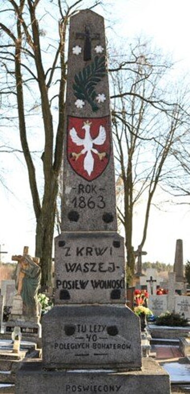 Zdjęcie przedstawia betonowy obelisk, na którym zostały wymalowane symbole i teksty. U szczytu pomnika znajduje się czarny krzyż. Poniżej zielona gałązka krzewu. Poniżej czerwony herb z białym orłem. Niżej znajdują się napisy: "Rok 1863", "Z krwi waszej - posiew wolności", "Tu leży czterdziestu poległych bohaterów". W tle widoczne są rzeźby i nagrobki, a także bezlistne drzewo. Niebo jest błękitne, bezchmurne. Zdjęcie zostało wykonane w świetle dziennym.