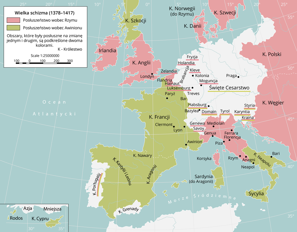 Mapa Europy zachodniej przedstawia wielką schizmę od 1378 do 1417 roku. Posłuszeństwo wobec Rzymu zadeklarowała Irlandia, Anglia, Flandria, Zelandia, Fryzja, Holandia, Kleve, Moguncja, Luksemburg, Genewa, Hainaut, Sanovy, Dania, Szwecja, Węgry, Norwegia, Polska i tereny Północnych Włoch. Posłuszeństwo wobec Awinionu zadeklarowała, Hiszpania, Rodos, Cypr, Francja, Neapol, Sycylia, Korsyka oraz Święte Cesarstwo Rzymskie. Posłuszne na zmianę obu stronom była Portugalia, Habsburg, Domian, Tyrol, Kraina, Styria oraz Karyntia. 