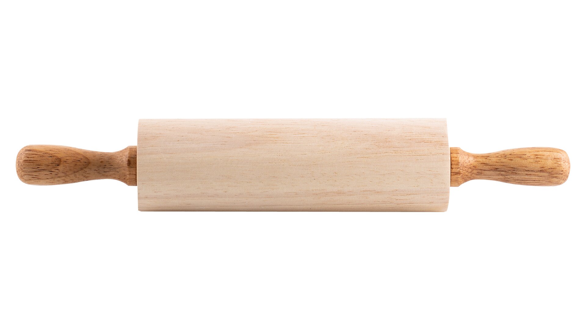 Ilustracja przedstawiająca podłużny, drewniany wałek, po bokach posiadający zakończenia w kolorze ciemniejszym od części służącej do rozwałkowywania ciasta.