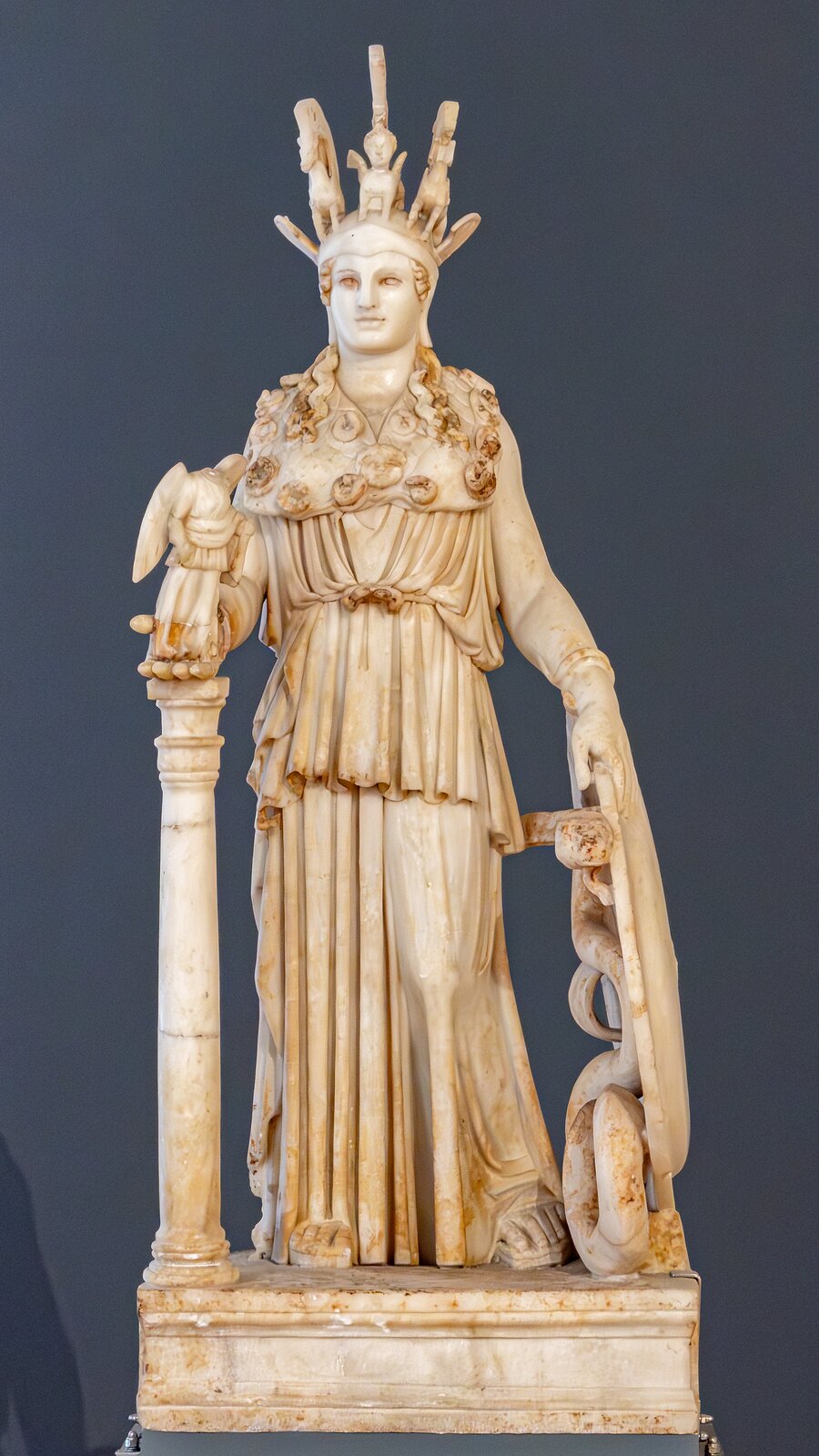 Ilustracja przedstawia rzeźbę „Ateny Warwakion”. Na zdjęciu znajduje się marmurowy posąg stojącej, pełnej majestatu bogini w długiej, pełnej fałd sukni. Głowę wieńczy hełm ozdobiony figurami sfinksów i gryfa. Spod niego, na ramiona opadają pukle kręconych włosów. W lewej, opuszczonej wzdłuż tułowia ręce trzyma tarczę. Prawa, wyciągnięta do przodu oparta jest na kolumnie. Na dłoni ustawiona jest figurka Nike. Spod szaty wystają stopy. Cała postać ujęta jest w lekkim kontrapoście. Rzeźba ustawiona jest w dużej szklanej gablocie.