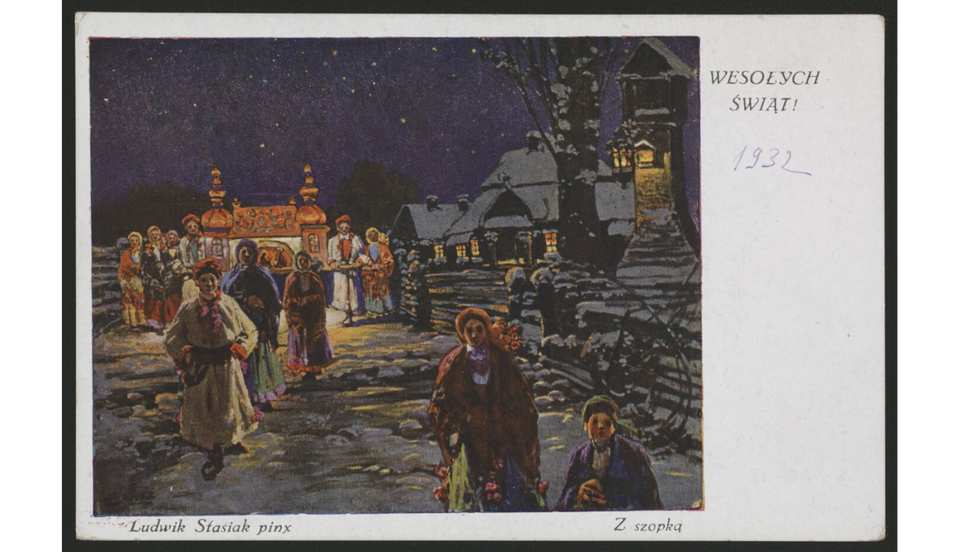 Pocztówka ukazuje grupę dzieci w ludowych strojach krakowskich. Dzieci idą przez wieś z dużą szopką. Jest ciemno, na niebie widać gwiazdy.