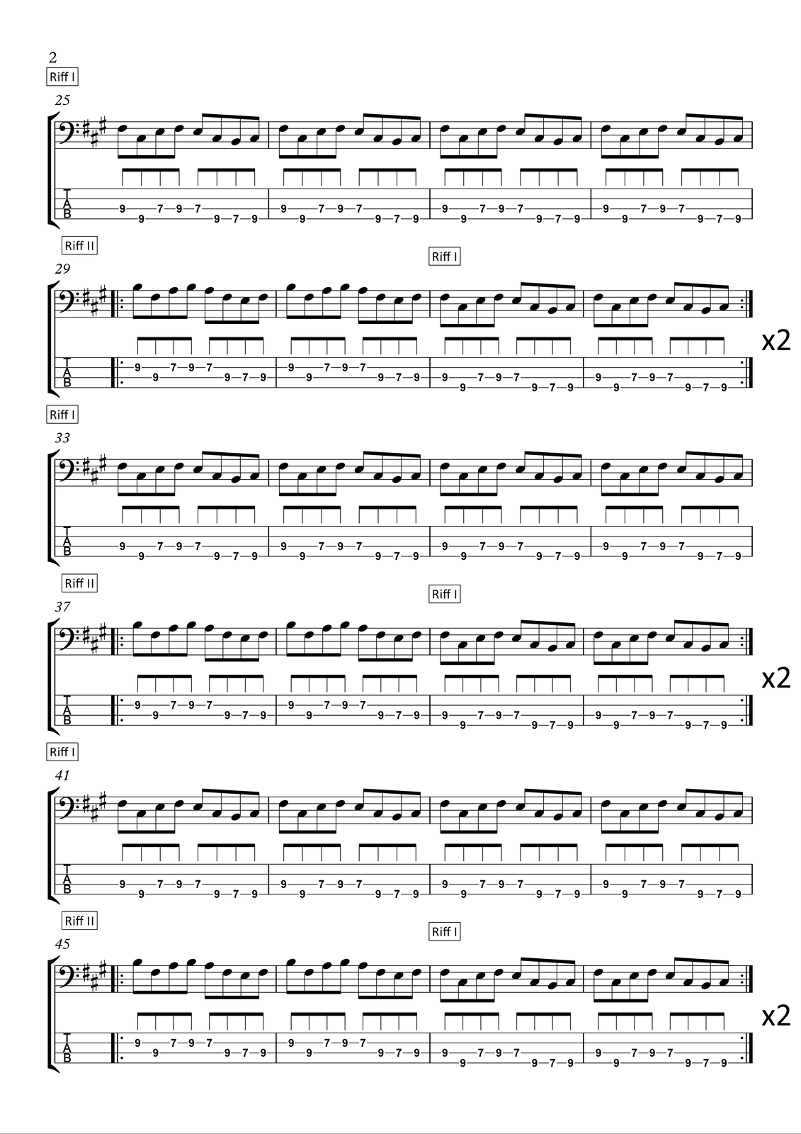 Akordy na gitarę basową do utworu „Billie Jean” autorstwa Michaela Jacksona Materiał przedstawia część partytury oraz tabulatury przeznaczonej na gitarę basową utworu „Billie Jean”Michaela Jacksona. Autorem słów oraz kompozytorem jest Michael Jackson. Utwór jest napisany w metrum cztery czwarte, w tonacji A‑dur. Wszystkie dźwięki znajdują się w obrębie oktaw wielkiej oraz małej i są zapisane w kluczu basowym oraz tabulaturze basowej. Pierwsza linijka na drugiej stronie, czyli takty od dwudziestego piątego do dwudziestego ósmego to ponownie pierwszy motyw (riff pierwszy). Wszystkie dźwięki w linijce to ósemki. Na pierwszą miarę grane są dźwięki fis (dziewiąty próg na strunie A) oraz cis (dziewiąty próg na strunie E), na miarę drugą e (siódmy próg na strunie A) oraz fis (dziewiąty próg na strunie A), na trzecią miarę e (siódmy próg na strunie A) oraz cis (dziewiąty próg na strunie E), a na miarę czwartą h (siódmy próg na strunie E) oraz cis (dziewiąty próg na strunie E). Takty od dwudziestego szóstego do dwudziestego ósmego są dokładnie takie same, jak takt dwudziesty piąty. W kolejnej linijce zapisano drugi motyw (riff drugi) w taktach dwudziestym dziewiątym oraz trzydziestym i ponownie motyw pierwszy (riff pierwszy) w taktach trzydziestym pierwszym oraz trzydziestym drugim. Wszystkie dźwięki w linijce to ósemki. Na pierwszą miarę w takcie dwudziestym dziewiątym grany jest dźwięk h (dziewiąty próg na strunie D) oraz fis (dziewiąty próg na strunie A), na drugą miarę a (siódmy próg na strunie D) oraz h (dziewiąty próg na strunie D), na trzecią miarę a (siódmy próg na strunie D) oraz fis (dziewiąty próg na strunie A), a na miarę czwartą e (siódmy próg na strunie A) oraz fis (dziewiąty próg na strunie A). Kolejny, trzydziesty takt, jest dokładnie taki sam, jak takt dwudziesty dziewiąty. W trzydziestym pierwszym takcie grany jest motyw pierwszy: na pierwszą miarę grane są dźwięki fis (dziewiąty próg na strunie A) oraz cis (dziewiąty próg na strunie E), na miarę drugą e (siódmy próg na strunie A) oraz fis (dziewiąty próg na strunie A), na trzecią miarę e (siódmy próg na strunie A) oraz cis (dziewiąty próg na strunie E), a na miarę czwartą h (siódmy próg na strunie E) oraz cis (dziewiąty próg na strunie E). Takt trzydziesty drugi stanowi powtórzenie taktu trzydziestego pierwszego. Cała linijka grana jest dwa razy. Trzecia linijka na drugiej stronie, czyli takty od trzydziestego trzeciego do trzydziestego szóstego to ponownie pierwszy motyw (riff pierwszy). Wszystkie dźwięki w linijce to ósemki. Na pierwszą miarę w takcie trzydziestym trzecim grane są dźwięki fis (dziewiąty próg na strunie A) oraz cis (dziewiąty próg na strunie E), na miarę drugą e (siódmy próg na strunie A) oraz fis (dziewiąty próg na strunie A), na trzecią miarę e (siódmy próg na strunie A) oraz cis (dziewiąty próg na strunie E), a na miarę czwartą h (siódmy próg na strunie E) oraz cis (dziewiąty próg na strunie E). Takty od trzydziestego czwartego do trzydziestego szóstego są dokładnie takie same, jak takt dwudziesty piąty. W kolejnej linijce zapisano drugi motyw (riff drugi) w taktach trzydziestym siódmym oraz trzydziestym ósmym i ponownie motyw pierwszy (riff pierwszy) w taktach trzydziestym dziewiątym oraz czterdziestym. Wszystkie dźwięki w linijce to ósemki. Na pierwszą miarę w takcie trzydziestym siódmym grany jest dźwięk h (dziewiąty próg na strunie D) oraz fis (dziewiąty próg na strunie A), na drugą miarę a (siódmy próg na strunie D) oraz h (dziewiąty próg na strunie D), na trzecią miarę a (siódmy próg na strunie D) oraz fis (dziewiąty próg na strunie A), a na miarę czwartą e (siódmy próg na strunie A) oraz fis (dziewiąty próg na strunie A). Kolejny, trzydziesty ósmy takt, jest dokładnie taki sam, jak takt piąty. W trzydziestym dziewiątym takcie grany jest motyw pierwszy: na pierwszą miarę grane są dźwięki fis (dziewiąty próg na strunie A) oraz cis (dziewiąty próg na strunie E), na miarę drugą e (siódmy próg na strunie A) oraz fis (dziewiąty próg na strunie A), na trzecią miarę e (siódmy próg na strunie A) oraz cis (dziewiąty próg na strunie E), a na miarę czwartą h (siódmy próg na strunie E) oraz cis (dziewiąty próg na strunie E). Takt czterdziesty stanowi powtórzenie taktu trzydziestego dziewiątego. Cała linijka grana jest dwa razy. Piąta linijka na drugiej stronie, czyli takty od czterdziestego pierwszego do czterdziestego czwartego to ponownie pierwszy motyw (riff pierwszy). Wszystkie dźwięki w linijce to ósemki. Na pierwszą miarę w takcie czterdziestym pierwszym grane są dźwięki fis (dziewiąty próg na strunie A) oraz cis (dziewiąty próg na strunie E), na miarę drugą e (siódmy próg na strunie A) oraz fis (dziewiąty próg na strunie A), na trzecią miarę e (siódmy próg na strunie A) oraz cis (dziewiąty próg na strunie E), a na miarę czwartą h (siódmy próg na strunie E) oraz cis (dziewiąty próg na strunie E). Takty od czterdziestego drugiego do czterdziestego czwartego są dokładnie takie same, jak takt czterdziesty pierwszy. W ostatniej linijce na drugiej stronie zapisano drugi motyw (riff drugi) w taktach czterdziestym piątym oraz czterdziestym szóstym i ponownie motyw pierwszy (riff pierwszy) w taktach czterdziestym siódmym oraz czterdziestym ósmym. Wszystkie dźwięki w linijce to ósemki. Na pierwszą miarę w takcie czterdziestym piątym grany jest dźwięk h (dziewiąty próg na strunie D) oraz fis (dziewiąty próg na strunie A), na drugą miarę a (siódmy próg na strunie D) oraz h (dziewiąty próg na strunie D), na trzecią miarę a (siódmy próg na strunie D) oraz fis (dziewiąty próg na strunie A), a na miarę czwartą e (siódmy próg na strunie A) oraz fis (dziewiąty próg na strunie A). Kolejny, czterdziesty szósty takt, jest dokładnie taki sam, jak takt czterdziesty piąty. W czterdziestym siódmym takcie grany jest motyw pierwszy: na pierwszą miarę grane są dźwięki fis (dziewiąty próg na strunie A) oraz cis (dziewiąty próg na strunie E), na miarę drugą e (siódmy próg na strunie A) oraz fis (dziewiąty próg na strunie A), na trzecią miarę e (siódmy próg na strunie A) oraz cis (dziewiąty próg na strunie E), a na miarę czwartą h (siódmy próg na strunie E) oraz cis (dziewiąty próg na strunie E). Takt czterdziesty ósmy stanowi powtórzenie taktu czterdziestego siódmego. Cała linijka grana jest dwa razy.