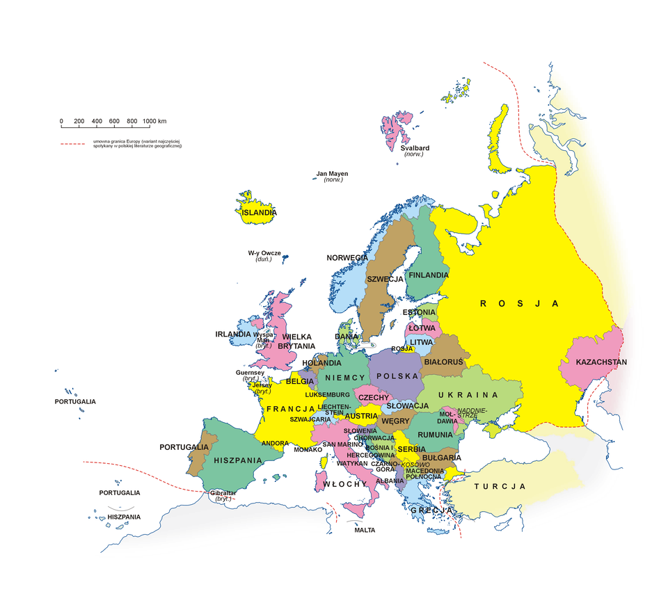 Na ilustracji znajduje się współczesna polityczna mapa Europy. 
