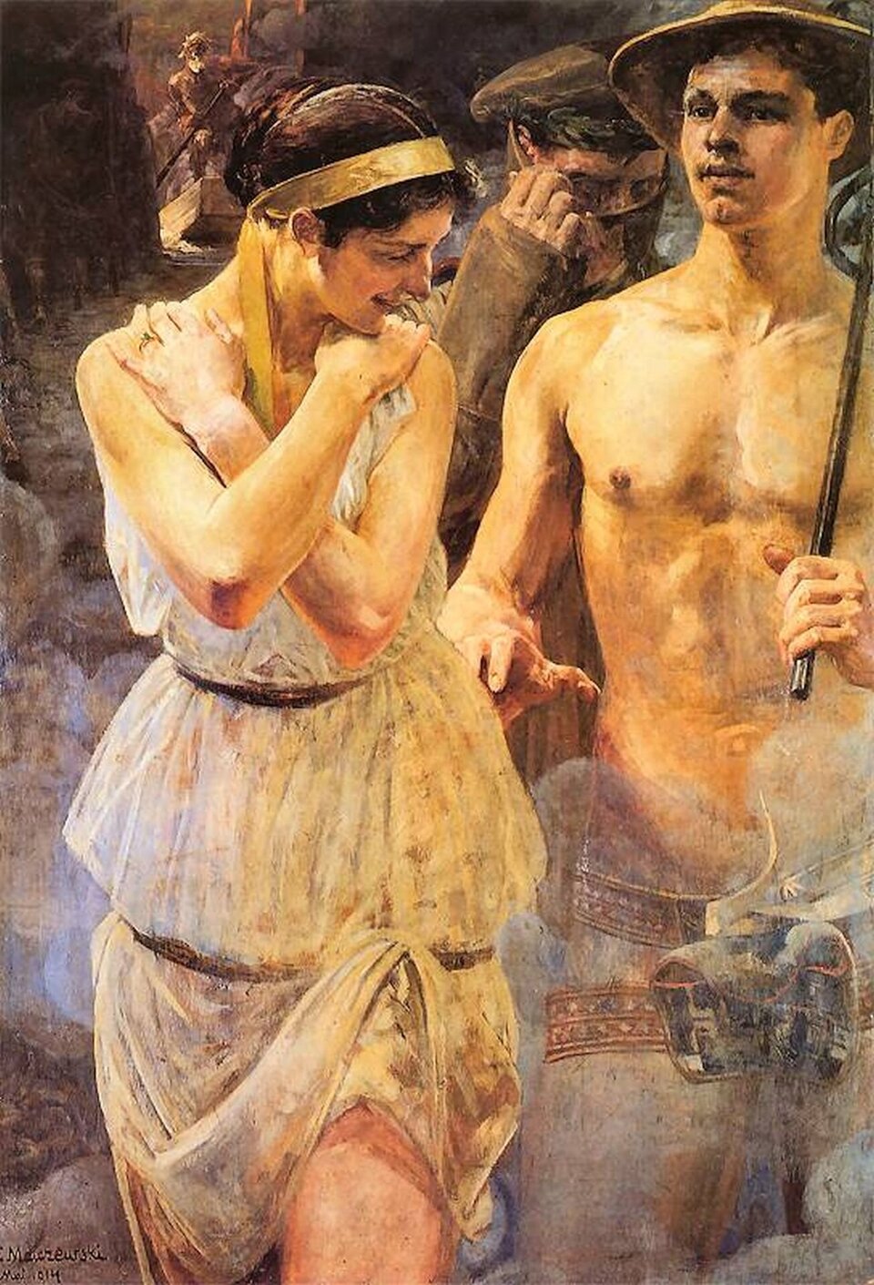 Ilustracja interaktywna Jacek Malczewski "Polonia" 1914 rok. Personifikacja ojczyzny to Eurydyka, którą prowadzi Hermes. Kobieta jest szczęśliwa, odwraca się w stronę mężczyzny, ukradkiem spoglądając na młodzieńca. Za nimi idzie polski żołnierz w rosyjskim szynelu z postawionym kołnierzem zasłaniającym część twarzy. W otoku jego czapki zatknięty jest wawrzyn‑symbol oczyszczenia z brzemienia przelanej krwi i zwycięstwa. W tle ukazany jest Charon płynący w łodzi, przewożący przez Styks dusze zmarłych, w jego stronę podążają żołnierze‑ofiary walk o niepodległość.