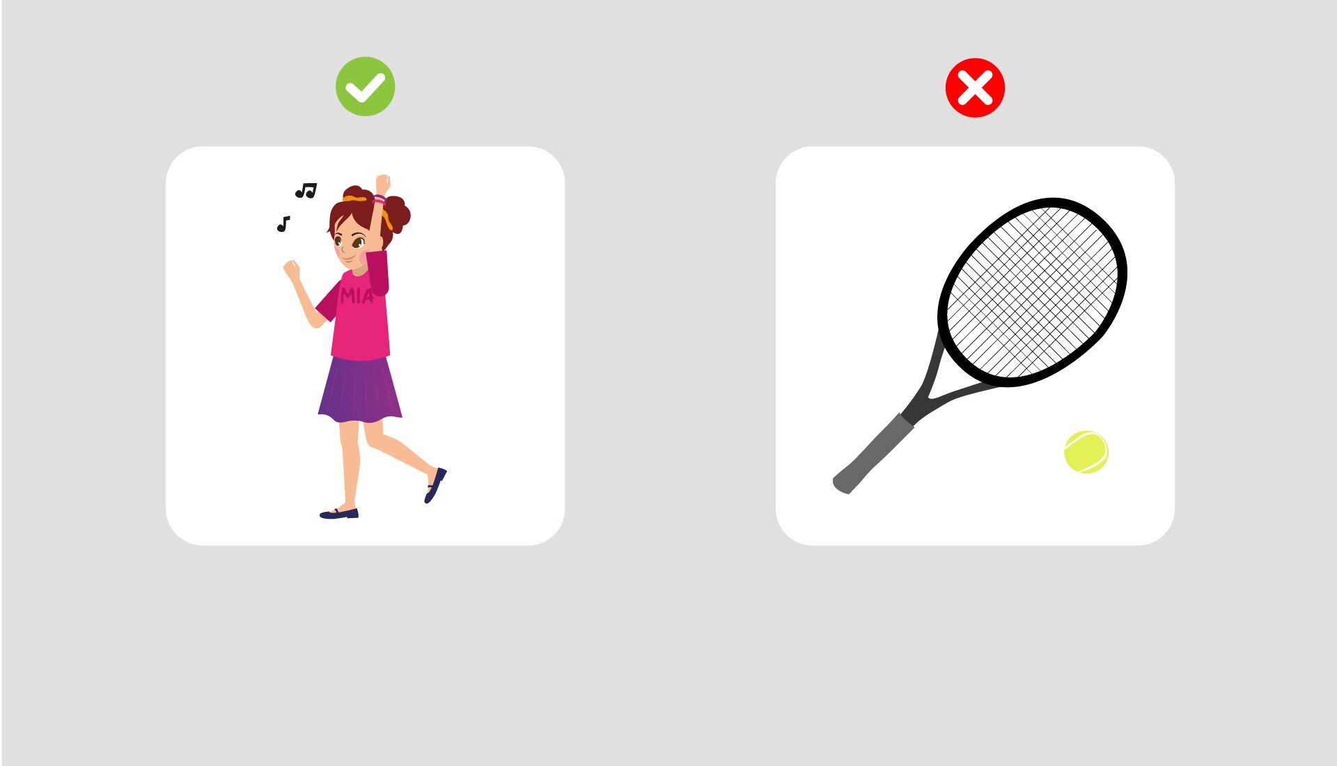 Grafika przedstawiająca dwa rysunki. Po prawej stronie znajduje się rysunek dziewczynki a nad nią zielony ptaszek, po lewej - palety do tenisa, nad nim czerwony krzyżyk.