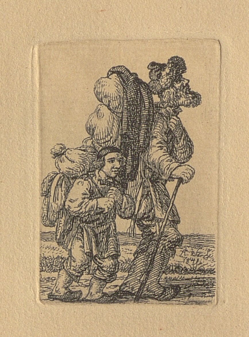 Rycina przedstawia starszego Żyda i młodego chłopca idących polem. Mężczyźni niosą na plecach duże pakunki.