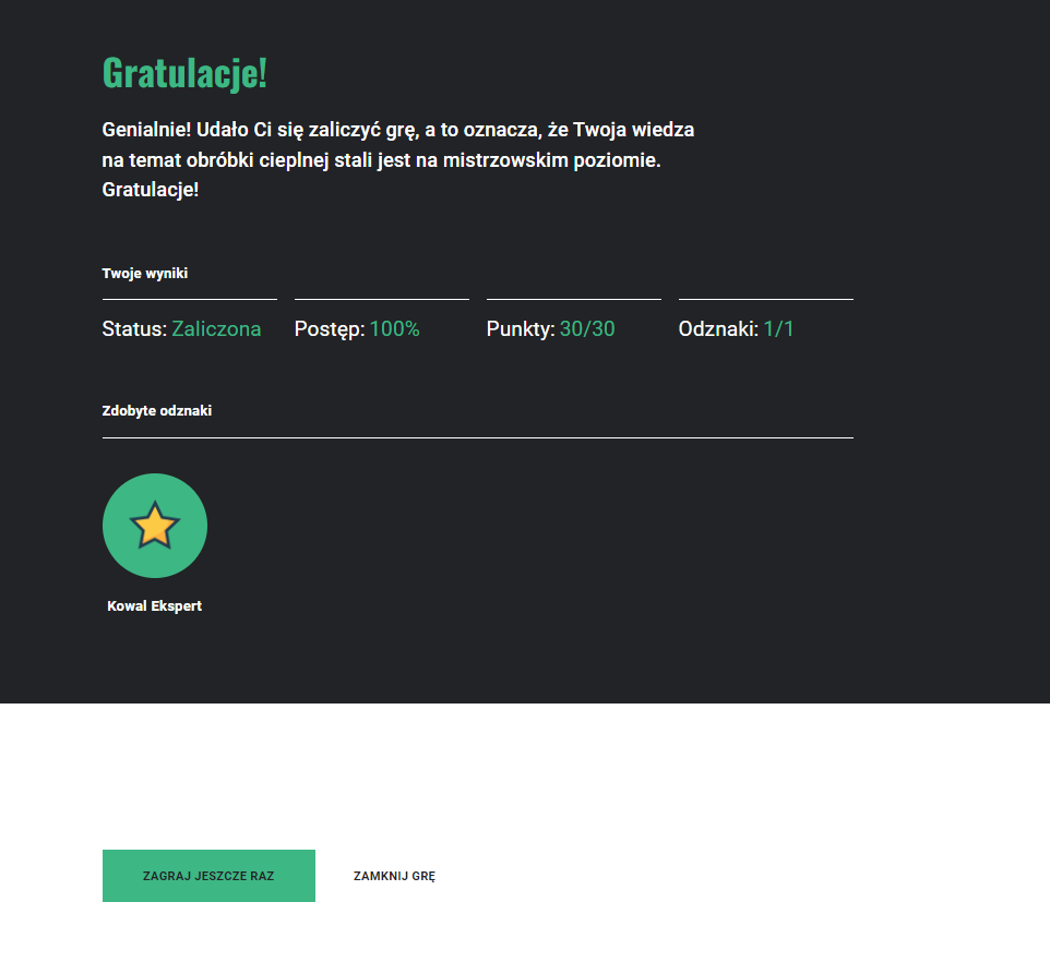 Ekran pełnego podsumowania w grze edukacyjnej po udzieleniu prawidłowych odpowiedzi