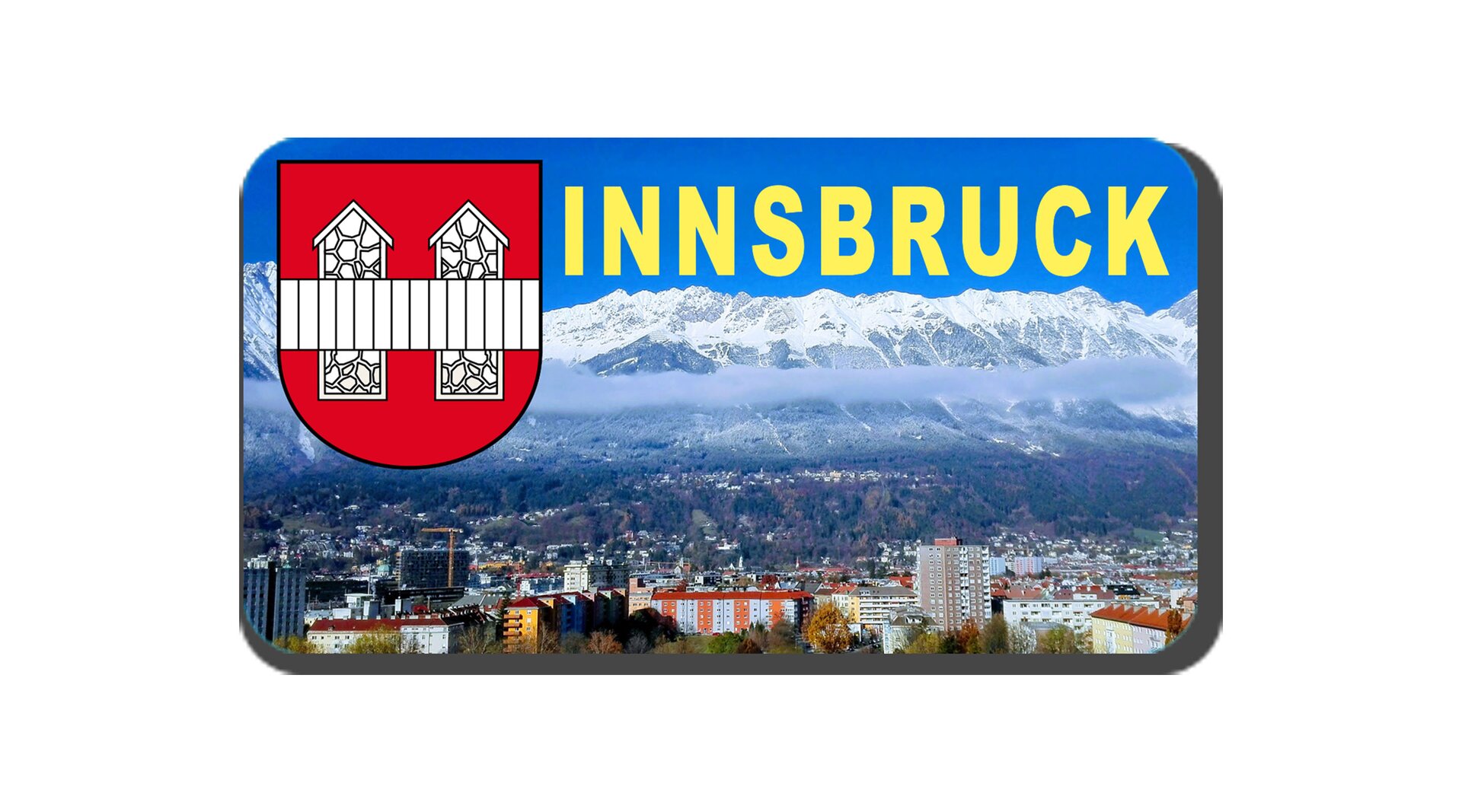 Ilustracja przedstawia magnes z widokiem oraz z napisem "Innsbruck". 