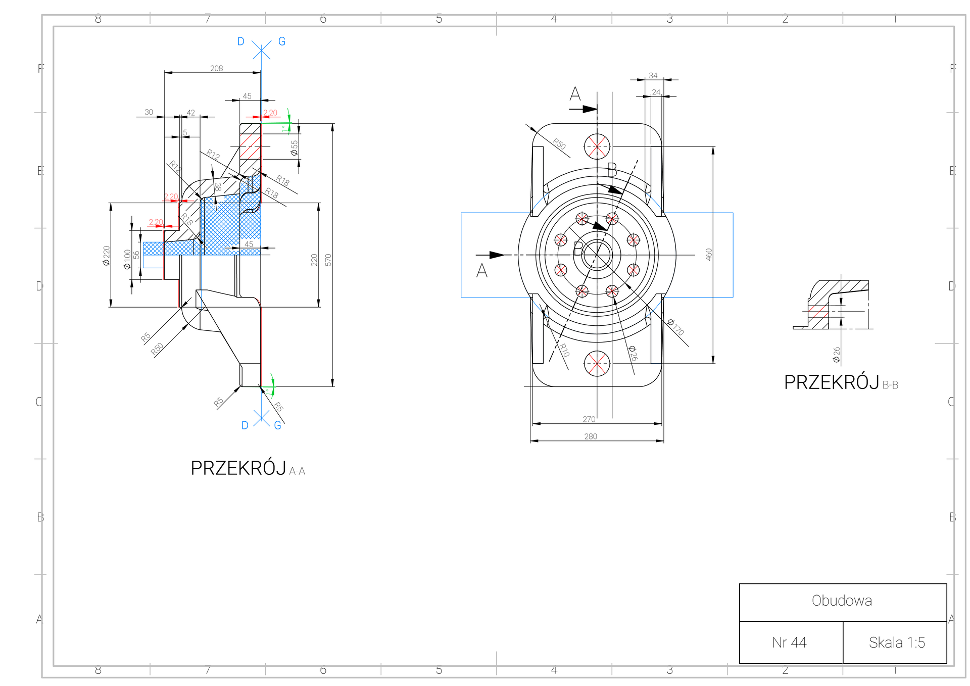 Na rysunku przedstawiono przykładowy rysunek technologiczny. Widoczny rysunek składa się z trzech rzutów. Z lewej strony widoczny jest przekrój z boku. Przekrój pokazuje symetryczny element o kształcie przypominjącym grzybek. Na przekroju oznaczono wymiary. Przykładowa szerokość obudowy wynosi czterdzieści pięć milimetrów. Obudowa jest zaznaczona przerywanymi liniami równoległymi. Przykładowe zaokrąglenie w obudowie ma promień osiemnastu milimetrów. Środek elementu jest oznaczony niebieskimi liniami tworzącymi siatkę o drobnych kwadratowych oczkach. Poniżej przekroju znajduje się napis: przekrój A kreska A.Środkowy rysunek stanowi przekrój z przodu urządzenia, Widoczne urządzenie jest pionowo symetryczne i poziomo symetryczne. Centralnym elementem urządzenia jest okrąg który jest osadzony w podłużnym prostokącie o orientacji pionowej. Cześć boków okręgu wychodzi poza szerokość prostokąta. W środku okręgu widocznych jest osiem mniejszych okręgów o średnicy dwudziestu sześciu milimetrów każdy. Okręgi znajdują się na planie koła. W górnej i dolnej części prostokąta, w połowie jego szerokości znajduje się duży okrąg. Odległość pomiędzy środkami dolnego i górnego okręgu wynosi czterysta sześćdziesiąt milimetrów. Wierzchołki prostokąta są zaokrąglone.Po prawej stronie widać przekrój boczny, Element ma kształt przypominający odbitą lustrzanie literę Z. Przez środek elementu łączącego podstawy litery, przechodzi otwór o średnicy dwudziesty sześciu milimetrów. Poniżej elementu widać opis: przekrój B kreska B.W prawym dolnym rogu rysunku znajduje się tabela. Na górze w wierszu widoczny jest napis: obudowa. Poniżej znajdują się dwie kolumny. W lewej umieszczony jest napis: numer czterdzieści cztery. W prawej skala jeden do pięciu milimetrów.
