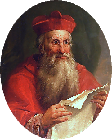 Ilustracja przedstawia starszego mężczyznę z siwą brodą, trzymającego kartę pergaminu. Jest on ubrany w czerwone szaty, na głowie ma czerwoną czapkę biskupią.