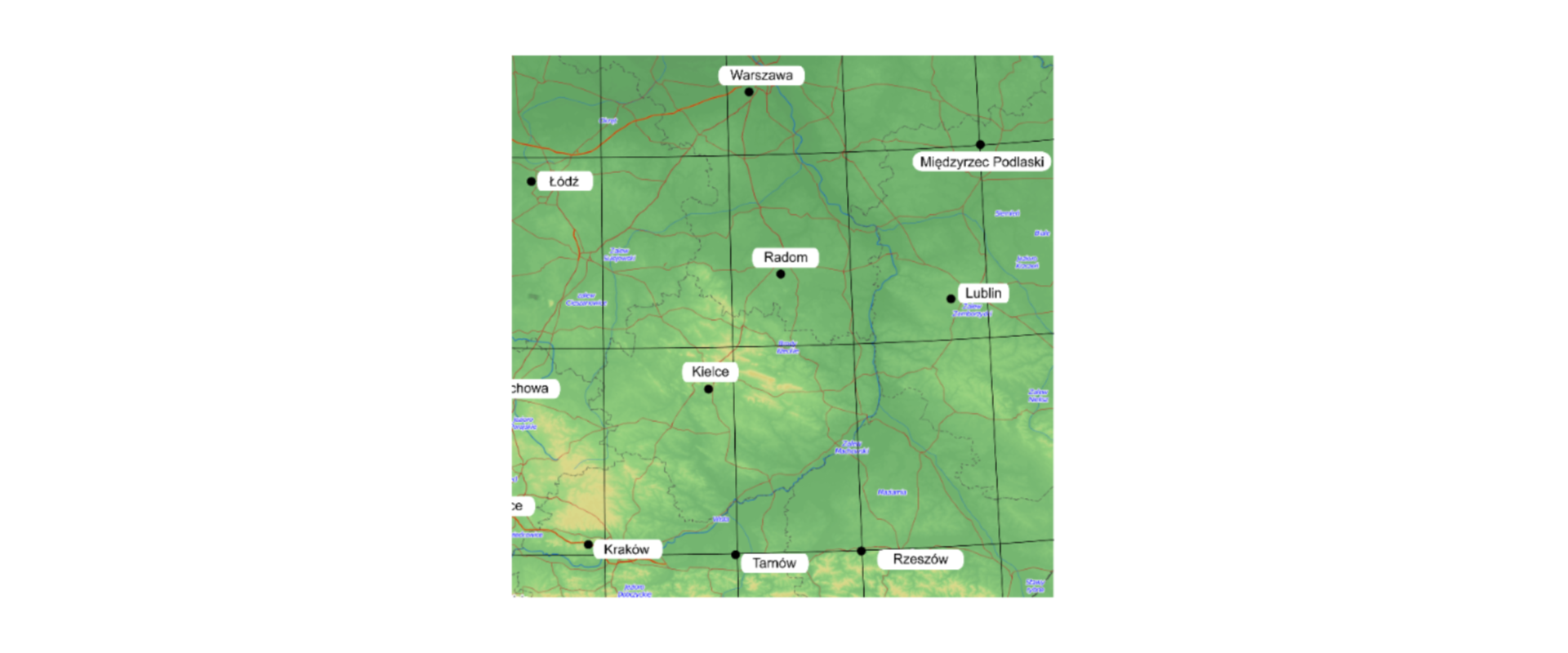 Rysunek przedstawia fragment mapy Polski. Zaznaczono na niej wartości południków oraz równoleżników. Rzeszów leży na przecięciu południka o wartości 22 stopni oraz równoleżnika o wartości 50 stopni. Międzyrzec Podlaski leży na przecięciu południka o wartości 23 stopni oraz równoleżnika o wartości 52 stopni.