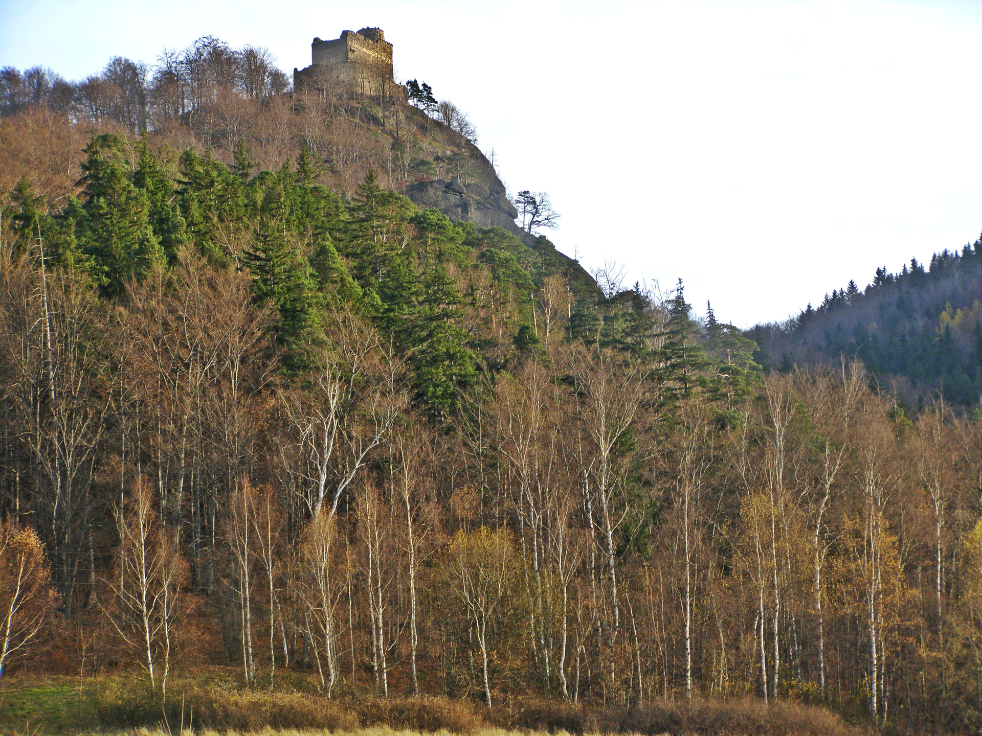 Fotografia prezentuje szczyt górski, na którym znajduje się zamek Chojnik. U podnóża szczytu rosną liczne drzewa liściaste i iglaste. Fotografia wykonana jesienią.