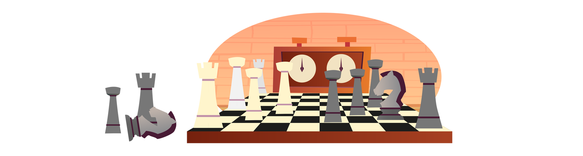 Ilustracja przedstawia czarno‑białą szachownicę z ustawionymi na niej bierkami. Kilka z nich znajduje się poza nią – dwa stoją, a jeden leży. Za szachownicą widać podwójny zegar z dwoma przyciskami, służący do odmierzania czasu trwania każdej partii. W tle znajduje się bladopomarańczowa ściana.