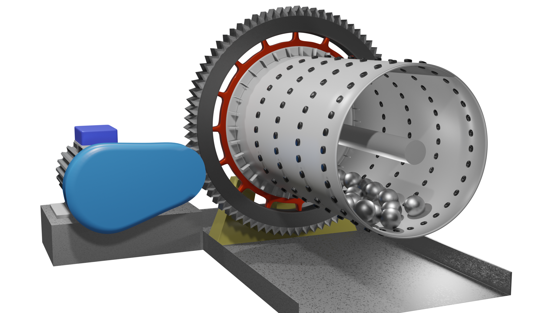 Ilustracja przedstawia przekrój przez młyn kulowy. Jest on stosowany do mielenia, to jest do rozdrabniania miałkiego, czyli do bardzo drobnych frakcji. Ma walcowaty kształt i zorientowany jest poziomo. Z lewej strony urządzenia znajduje się układ napędowy z kołem zębatym oraz silnikiem. We wnętrzu bębna znajdują się kule. Podczas rozdrabniania bęben młyna obraca się wokół osi poziomej przechodzącej przez jego środek. Poniżej grafiki znajduje się przycisk multimedialny z nagraniem audio. Treść nagrania jest zgodna z tytułem zdjęcia.