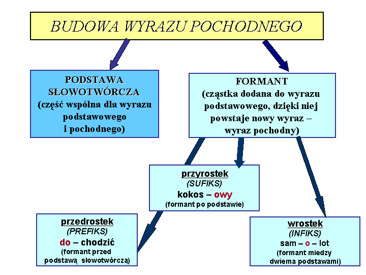 Schemat przedstawia najważniejsze terminy związane z budową wyrazu pochodnego. 
Treść: Podstawa słowotwórcza to część wspólna dla wyrazu podstawowego i pochodnego. Formant to cząstka dodana do wyrazu podstawowego, dzięki niej powstaje nowy wyraz - wyraz pochodny. Przyrostek inaczej sufiks na przykład kokos - owy. Jest to cząstka, którą dodaje się po podstawie. Przedrostek, inaczej prefiks na przykład do - chodzić. Jest to cząstka, którą dodaje się przed podstawą słowotwórczą. Wrostek, inaczej infiks, na przykład sam‑o-lot. Jest to formant między dwiema podstawami.