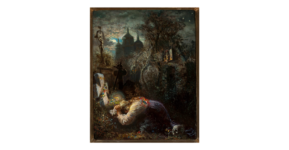 Obraz ukazuje cmentarną scenę spowitą nocnym mrokiem. W centrum kompozycji znajduje się postać kobiety w tradycyjnym stroju, klęczącej przy grobie i opłakującej zmarłego. Wokół widoczne są nagrobki, krzyże oraz czaszka leżąca na ziemi. W tle znajduje się kościół z kopułami, a całość otacza ponura, gęsta roślinność. Kolorystyka obrazu jest ciemna, z dominacją odcieni szarości, brązu i czerni, przełamanych jasnymi refleksami.