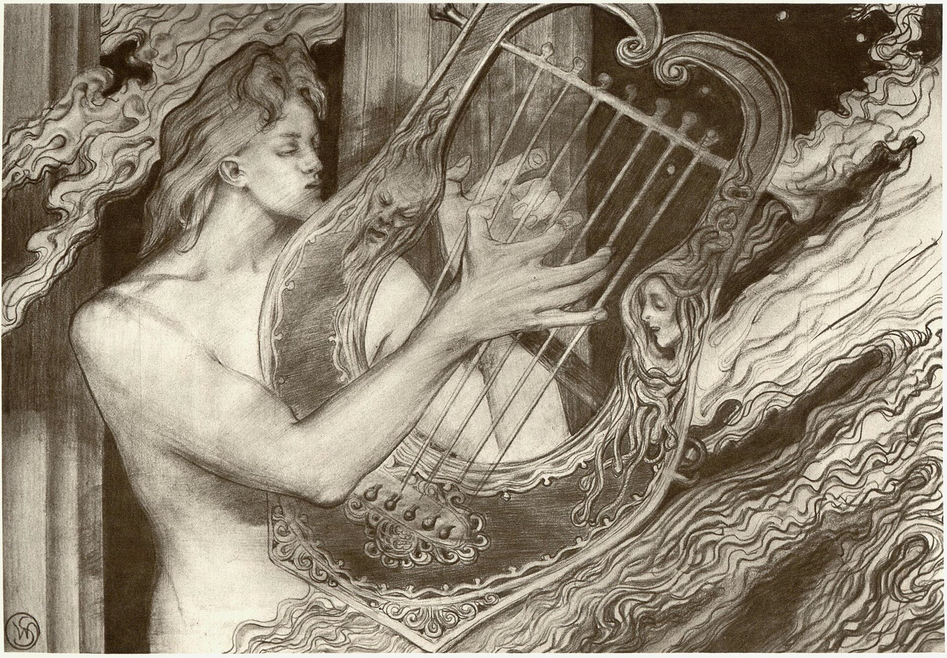 Ilustracja przedstawia rysunek wykonany ołówkiem, na której znajduje się mężczyzna grający na lirze. Mężczyzna jest półnagi, ma długie włosy oraz zarysowane mięśnie. Dużymi dłońmi trzyma struny instrumentu. Na drewnianej części są wyrzeźbione dwie twarze, po prawej stronie kobieca, z długimi, falowanymi włosami sięgającymi do górnej i dolnej części liry. Po lewej stronie jest twarz starszego mężczyzny, z bardzo długą brodą i długimi włosami. Ich twarze są wykręcone w grymasie. Lira jest także zdobiona wieloma wypukłymi elementami. Tło stanowią falowane linie układające się w smugi, pokrywające większość rysunku. Z tyłu stoją także dwie kolumny.