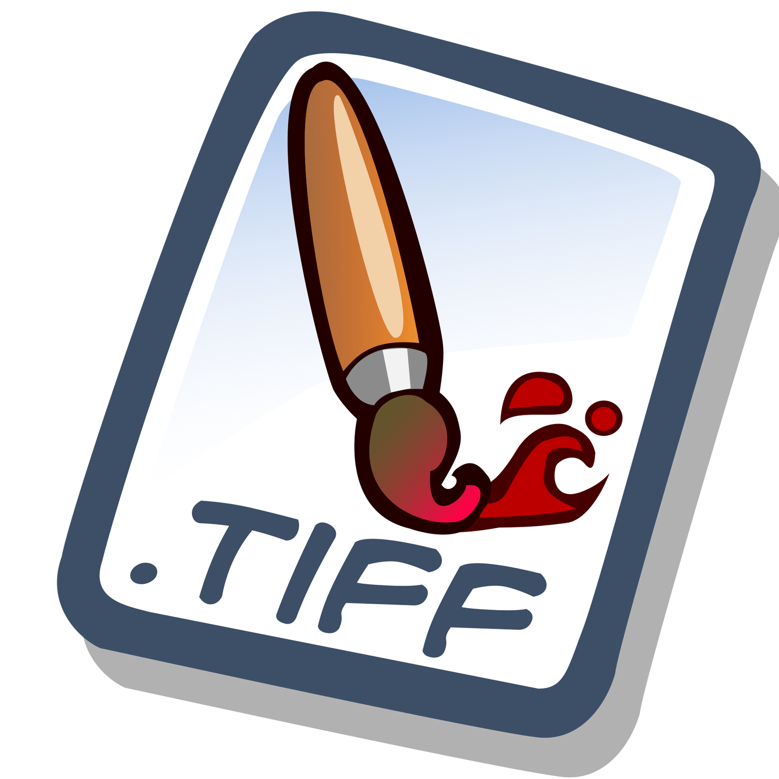 Grafika przedstawia logo formatu TIFF. Widoczny jest prostokąt pod skosem, symbolizujący kartkę, z ciemnoniebieskimi krawędziami i lekko niebiesko‑białym wypełnieniem, w który wpisany jest schematycznie przedstawiony pędzel, pod którym znajduje się napis .TIFF.