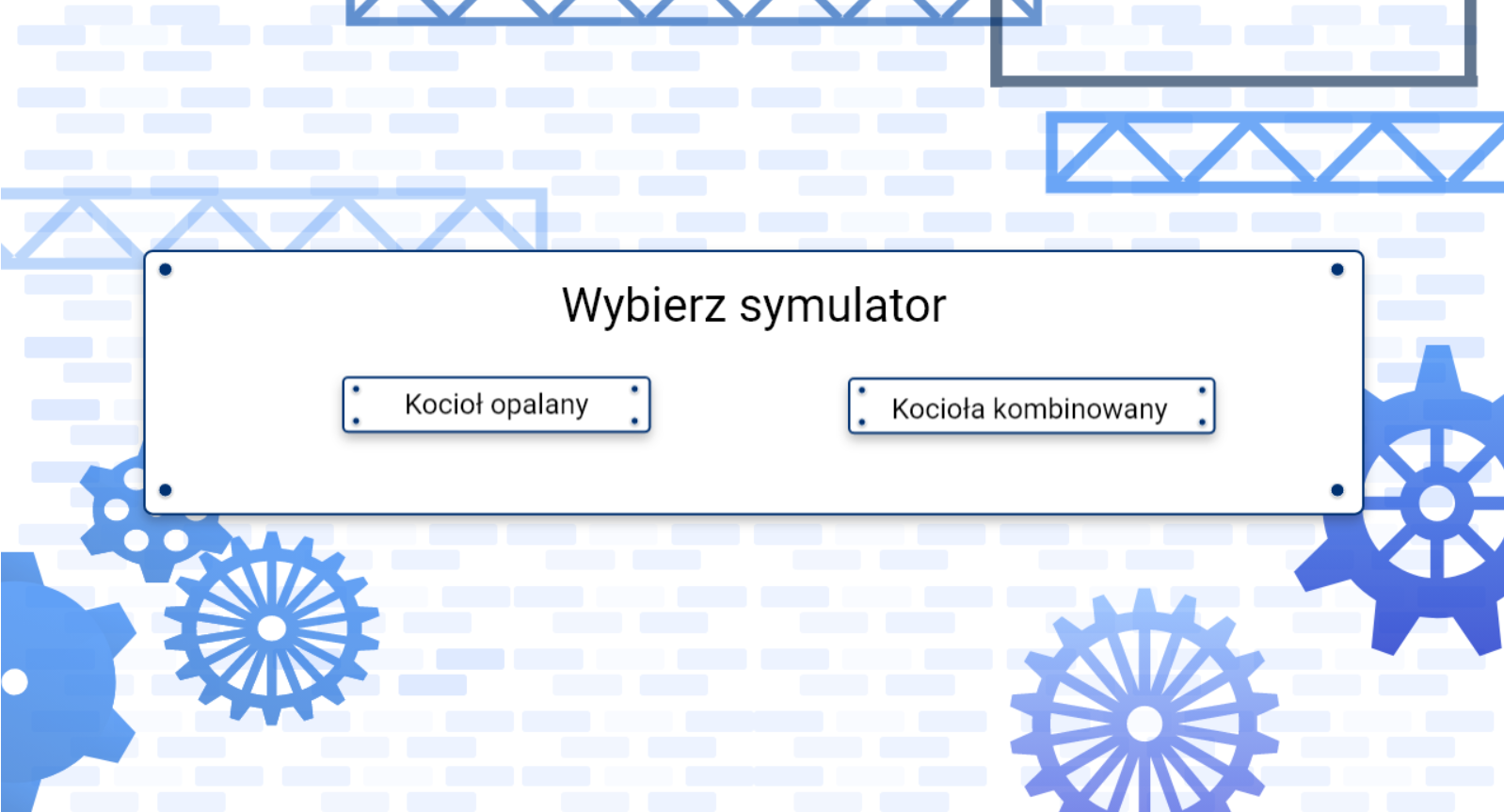 Grafika przedstawia ekran wyboru symulatora. Do wyboru jest symulator kotła opalanego lub kombinowanego.