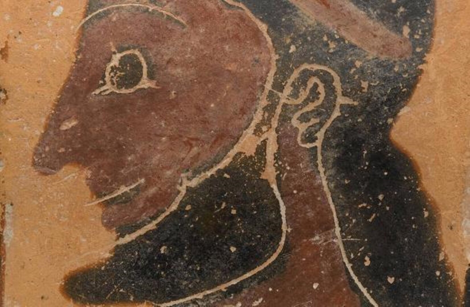 Fotografia przedstawia przykład malarstwa czarnofigurowego, na którym uwieczniony został profil uśmiechniętego mężczyzny o długich ciemnych włosach, na których widoczna jest brązowa opaska. Broda postaci również jest czarna, podobnie jak jej oczy. Tło jest pomarańczowe.