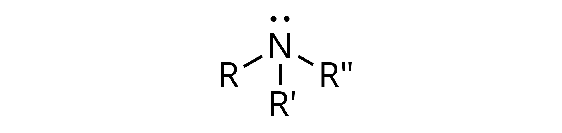 Na ilustracji znajduje się ogólny wzór amin trzeciorzędowych: do atomu azotu przyłączone są grupy R, R prim i R bis. Przy atomie azotu znajdują się dwie kropki oznaczające wolną parę elektronową.