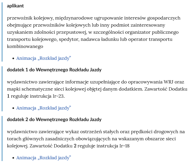 Zrzut ekranu przedstawia kilka pojęć ze Słownika. Konstrukcja jest następująca: pojęcie, poniżej jego wyjaśnienie, a pod nim znajduje się link, po którego kliknięciu użytkownik przenosi się do rozdziału w tym materiale, w którym dane pojęcie jest wykorzystywane. Linków może być jeden lub kilka, w zależności od tego, w ilu rozdziałach użyto pojęcia.