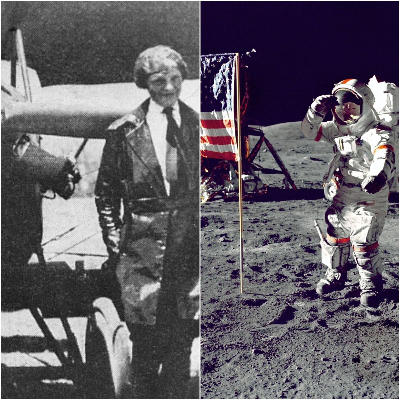 Ilustracja składa się z dwóch zestawionych ze sobą zdjęć. Po lewej stronie widoczne jest czarno‑białe zdjęcie archiwalne, na którym widoczna jest postać ubrana w czarny, skórzany płaszcz i stojącą obok małego samolotu. Na zdjęciu po prawej stronie widoczna jest postać w białym skafandrze kosmonauty, która stoi na księżycu. Na lewo od niej widoczna jest flaga amerykańska wbita w pylaste, szare podłoże.