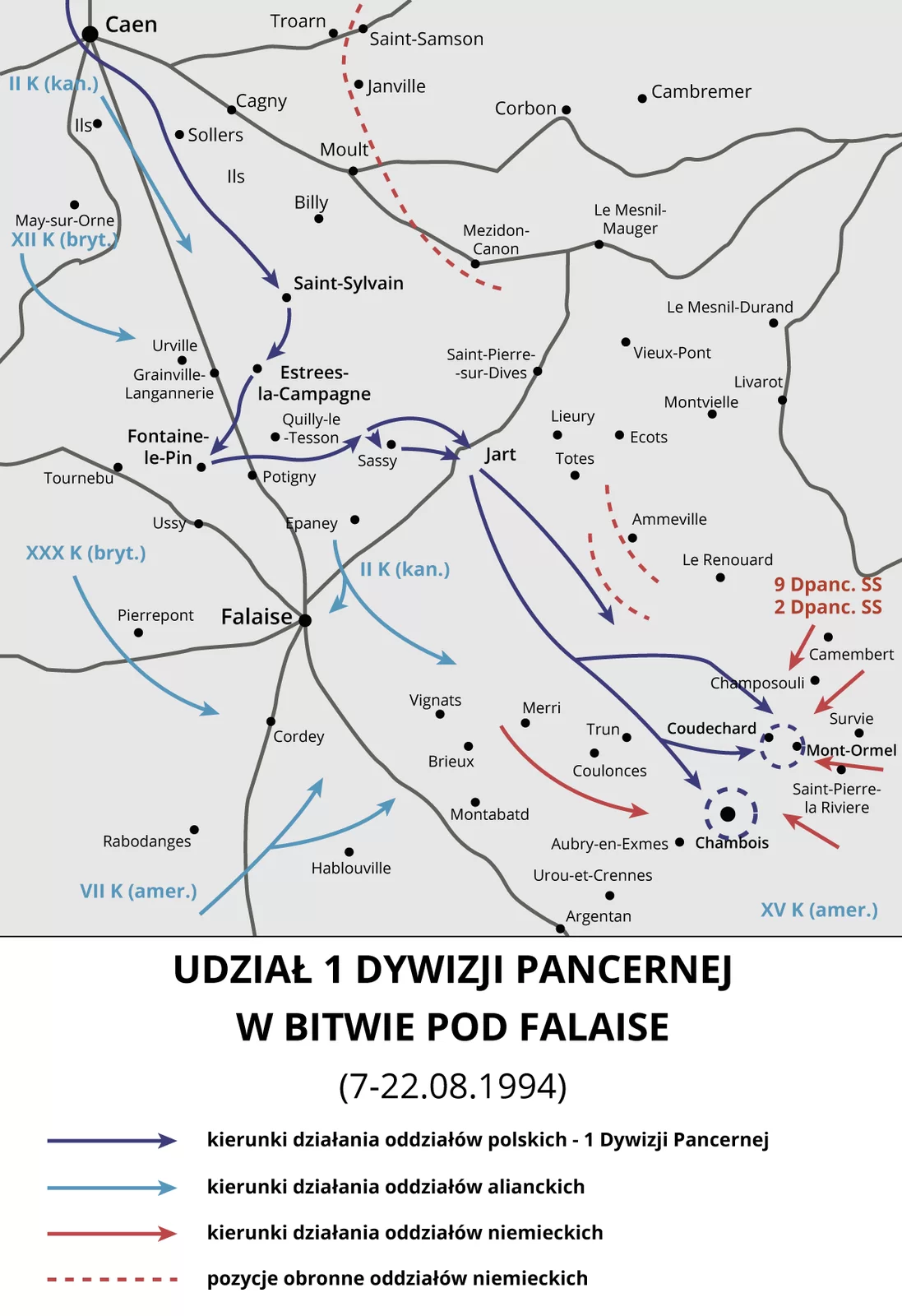 Ilustracja przedstawia mapę, na której zaprezentowano udział Pierwszej Dywizji Pancernej w bitwie pod Falaise. Strzałkami zaznaczono kierunki działania oddziałów polskich — Pierwszej Dywizji Pancernej, a także oddziałów alianckich i niemieckich. Zaznaczono także pozycje obronne oddziałów niemieckich. Oddziały alianckie składają się z wojsk kanadyjskich, brytyjskich, amerykańskich. Kierunki działania oddziałów polskich i alianckich przebiegały z północy z miejscowości Caen na południe przez miejscowości Estrees‑la‑Campagne, Fontaine‑le‑Pin, Falaise do miejscowości Mont‑Ormel i Chambois. Część oddziałów amerykańskich kierowała się od strony południowej. Pozycje obronne oddziałów niemieckich znajdują się na wschodzie. Kierunek działania oddziałów niemieckich odbywa się głównie na południu od strony wschodniej.