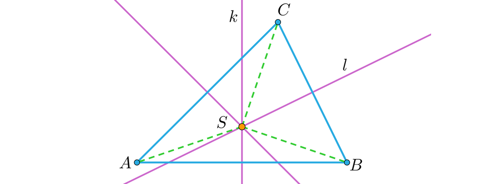 Ilustracja przedstawia trójkąt o wierzchołkach A B C, przez każdy z boków poprowadzono symetralną , symetralną boku AB podpisano literą k, symetralną boku BC podpisano literą l. Punkt przecięcia się symetralnych podpisano literą S. Punkt ten połączono liniami przerywanymi z wierzchołkami trójkąta.