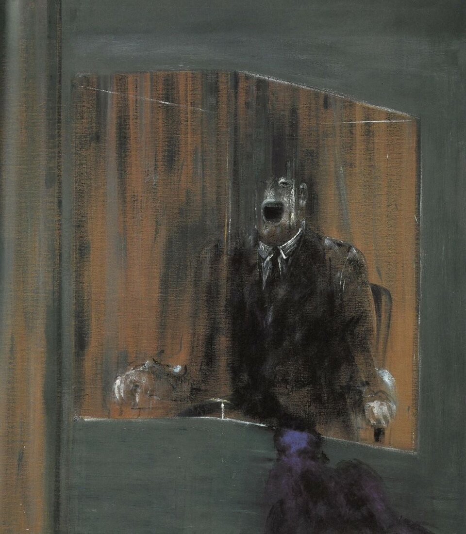 Ilustracja przedstawia obraz Francis'a Bacon'a pt. „Studium do portretu”. Dzieło ukazuje portret krzyczącego mężczyzny w środku przezroczystej klatki. Postać jest ukazana od pasa w górę. Wyrazem udręki postaci jest spotęgowany przez kontrast między żółtym światłem, a otaczającym go cieniem. Postać ma szeroko otwarte usta. Krzyk podkreśla samotność ludzkiej egzystencji. Portret nawiązuje do obrazu Velázqueza, „Portret papieża Innocentego X”.