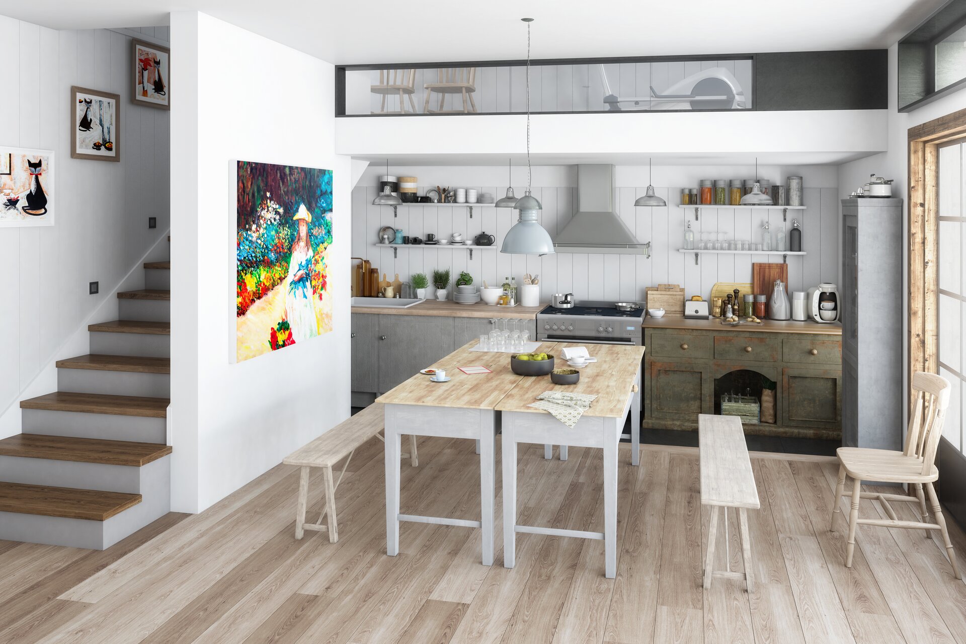 Ilustracja przedstawia kuchnie. Na głównej ścianie znajdują się szafki z szufladami. Pomiędzy nimi znajduje się kuchenka, nad którą jest okap, wokół niego wiszą półki. Przed zabudową znajduje się stół dwie ławki i krzesło. Podłoga jest wyłożona parkietem. Z lewej strony ilustracji znajdują się schody na piętro. 