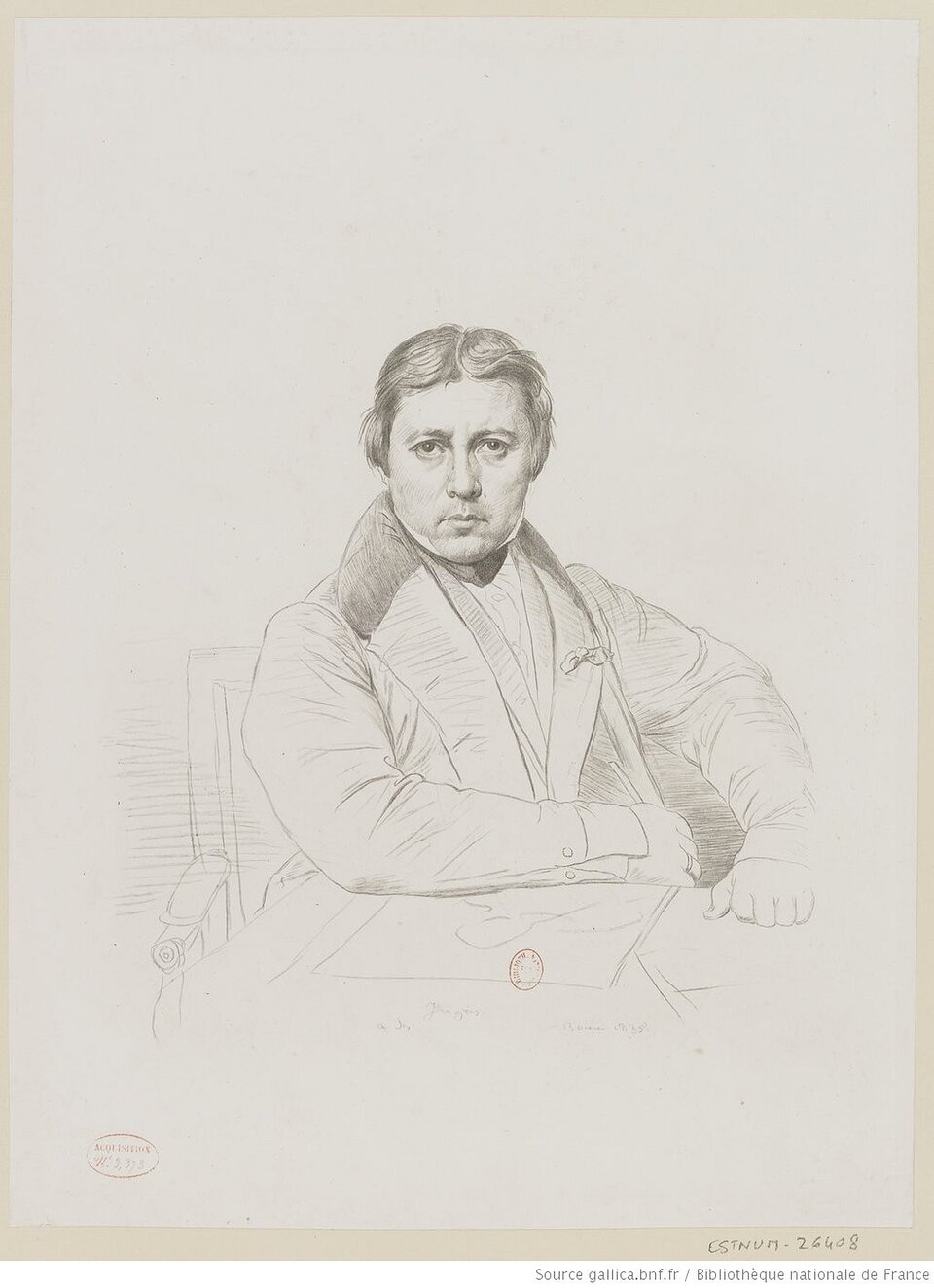 Ilustracja przedstawia kopię autoportretu Luigi Calamatta, Ingres. Kopia wykonana jest cienka kreską na jasnym tle. Mężczyzna w średnim wieku siedzi na fotelu. Włosy zaczesane ma z przedziałkiem na środku głowy. Patrzy na widza. Ubrany jest w płaszcz.