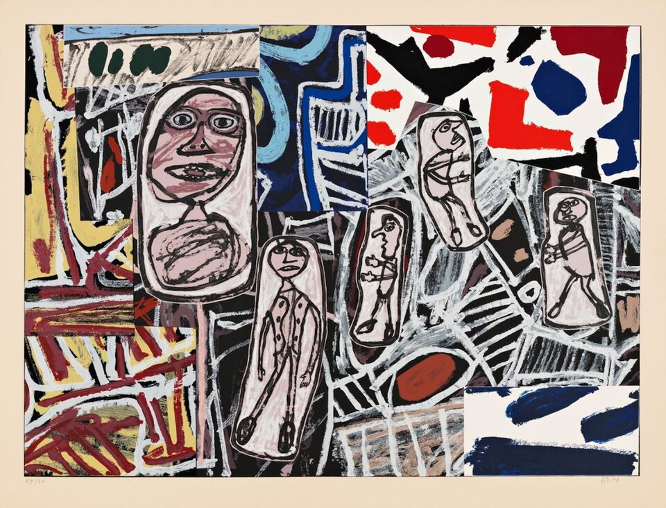  Ilustracja przedstawia obraz  „Mnemotechnika III”, autorstwa Jean Dubuffet. Obraz ukazuje twarze i sylwetki różnych postaci. Obraz jest wielokolorowy.