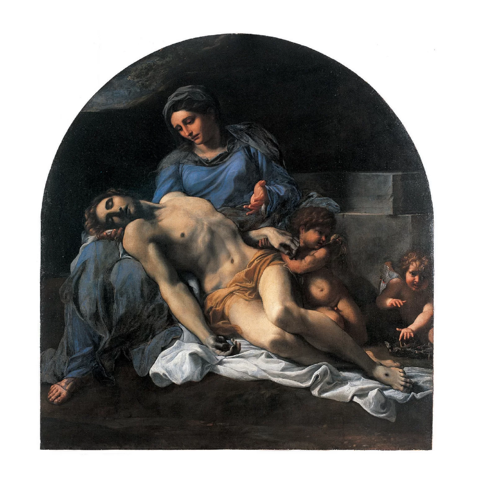 Ilustracja o kształcie pionowego prostokąta zamkniętego półkoliście, przedstawia obraz Annibale Carracciego „Pieta (Najświętsza Maria opłakująca Chrystusa)”. Przedstawia Marię trzymającą na kolanach bezwładne ciało Jezusa. Ubrana jest w niebieską suknię. Lewą ręką ma wyciągniętą i podpartą o kamienny blok. Prawą podtrzymuje głowę Chrystusa. Na jej twarzy rysuje się ból. Jezus jest nagi, przepasany na biodrach żółtym perizonium. Bezwładnie leży na białym całunie. Na stopach mężczyzny widoczne są dziury po gwoździach. Po prawej stronie widać dwa anioły. Jeden z nich dotyka palcem cierniowej korony, drugi podtrzymuje rękę Syna Bożego. Tło jest ciemne.