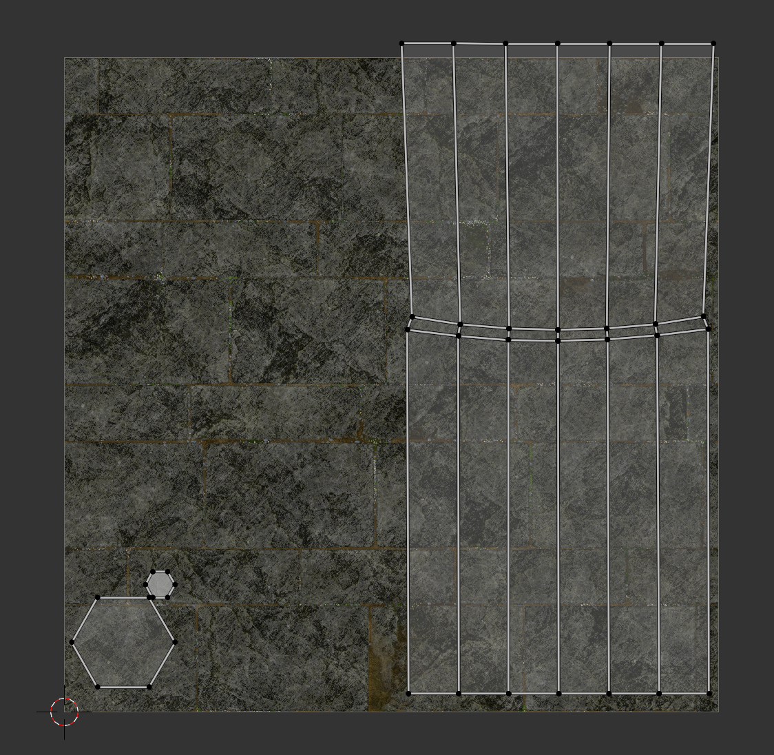 Ilustracja przedstawia teksturę w kolorze szaro czarnym. W lewym dolnym rogu kwadratu wypełnionego teksturą znajduje się punkt nad nim znajduje się sześciokąt oraz koło przylegające do jednego z jego wierzchołków. Po prawej stronie kwadratu wypełnionego teksturą znajdują się prostokątne elementy. Wszystkie elementy znajdujące się na grafice posiadają punkty w miejscach ich wierzchołków.