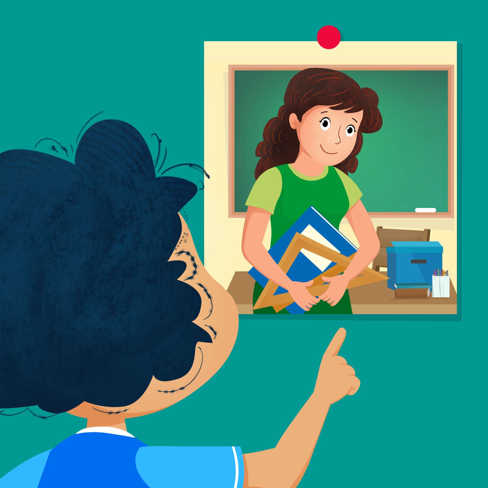 Ilustracja przedstawia Bena pokazującego zdjęcie nauczycielki.