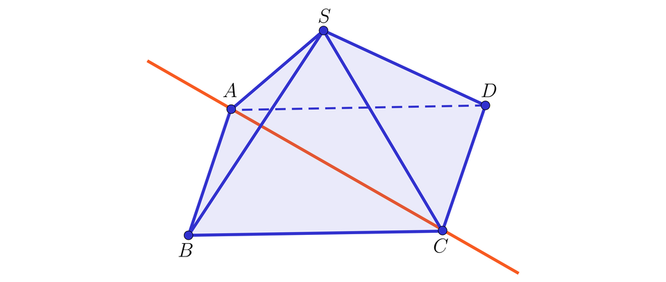 Ilustracja przedstawia ostrosłup czworokątny A B C D S. Zaznaczono przekątną podstawy bryły A C i przedłużono ją tworząc prostą. 
