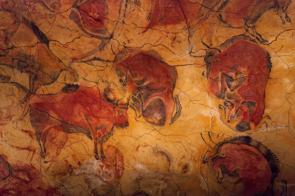 Ilustracja interaktywna ukazuje fragment sklepienia z Bizonami w jaskini Altamira w Hiszpanii. Przedstawia widok na kilka wizerunków zwierząt, namalowanych na nierównej powierzchni skalnej. Jeden bizon został ukazany w pozycji stojącej, skierowany jest w lewą stronę, pozostałe są ujęte w zróżnicowanych, skręconych pozach. 