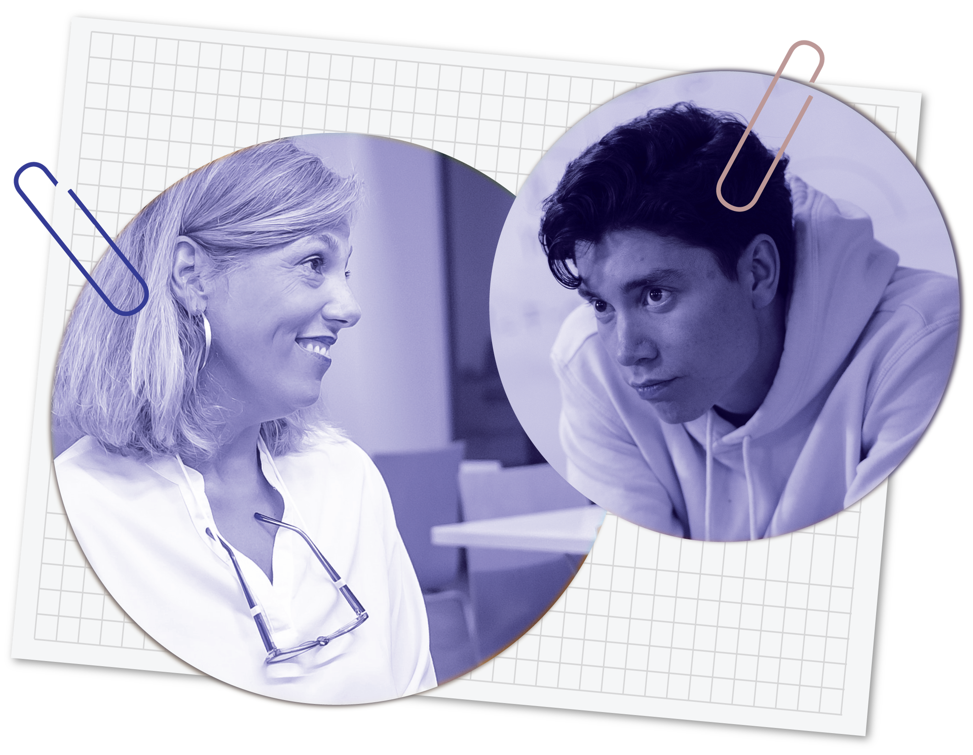 Ilustracja przedstawia zdjęcie dwóch osób. To zdjęcie młodej kobiety, która ma na szyi zawieszone okulary, oraz zdjęcie młodego chłopaka. Na zdjęciach są spinacze. Zdjęcia są na kartce papieru w kratkę.  