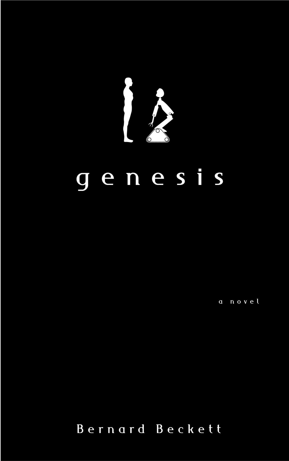 Fotografia okładki książki. Na czarnym tle biały kształt stojącego na baczność mężczyzny ukazany z profilu. Naprzeciw niego stoi robot kształtem przypominający człowieka. Poniżej znajduje się się biały napis "Genesis powieść Bernard Beckett".