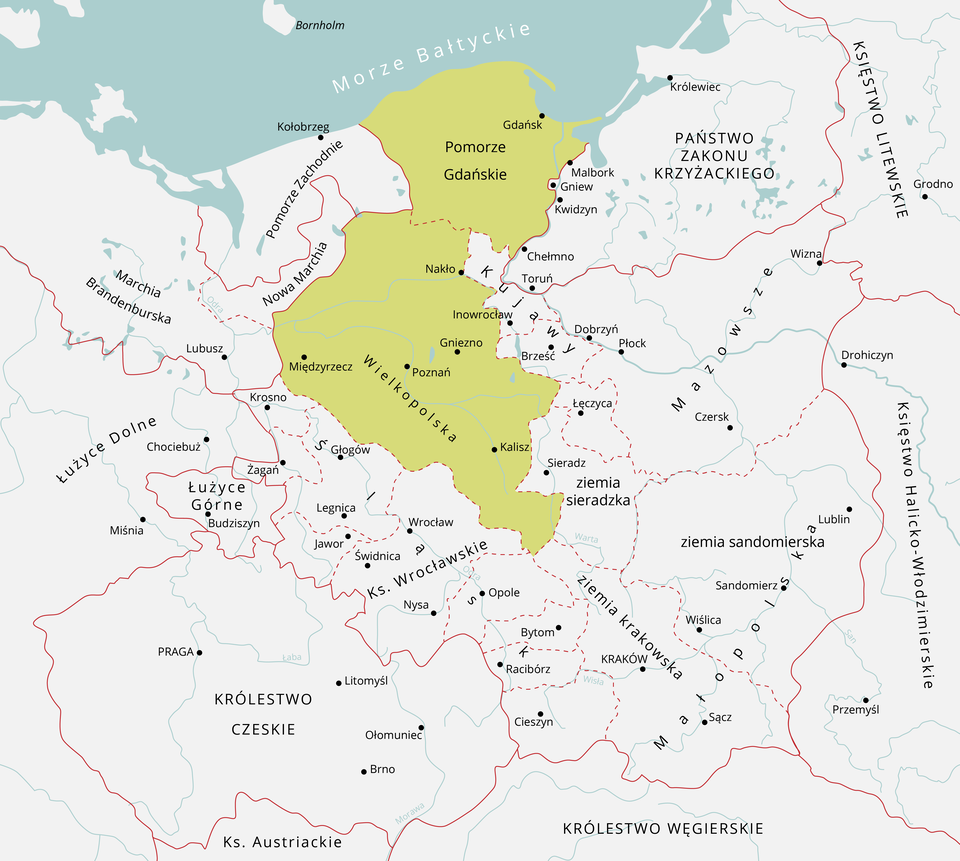 Na mapie oznaczono następujące rejony Pomorze Gdańskie i Wielkopolska.