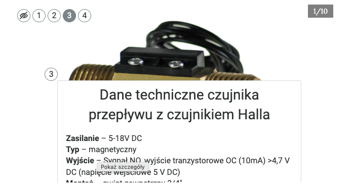 Zdjęcie przedstawia szczegółowe informacje wybranej grafiki. Na górze znajduje się tytuł "dane techniczne czujnika przepływu z czujnikiem halla", poniżej dane te są wypisane.