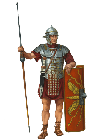Ilustracja przedstawia mężczyznę w stroju rzymskiego legionisty. Mężczyzna ma na sobie pancerz ze stalowymi łuskami oraz hełm; w ręku trzyma włócznię. Drugą rękę opiera na dużej prostokątnej czerwonej tarczy, na której widnieją znaki legionów rzymskich.